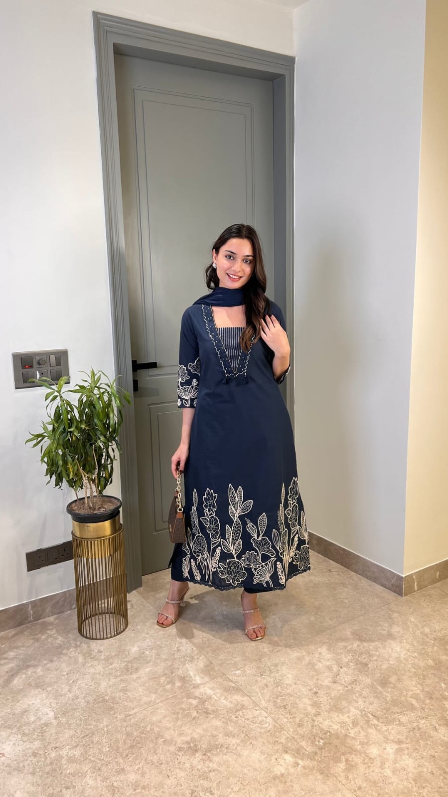 Navy Blue Embroidered Three-Piece Suit