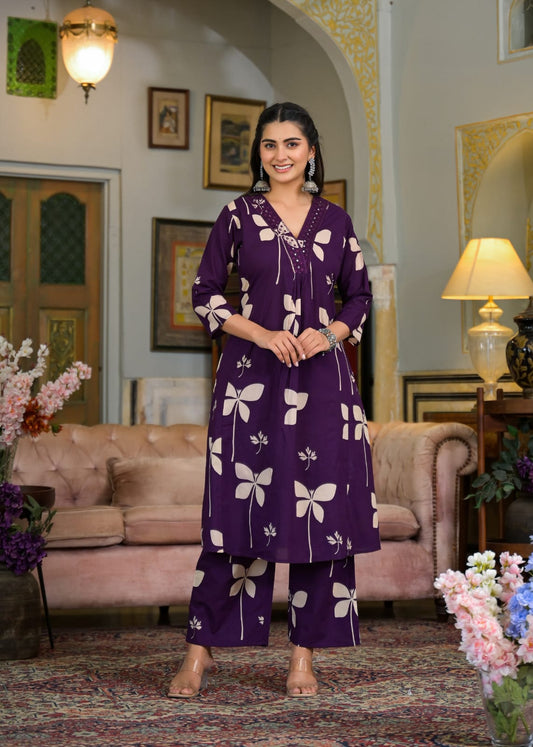 Purple Floral Printed Kurta Set with Straight Pants