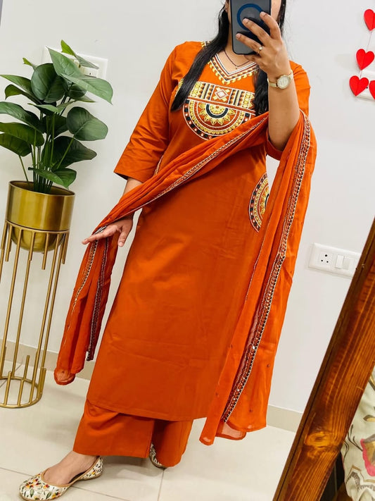 Rust Orange Embroidered Kurta Set with Matching Dupatta