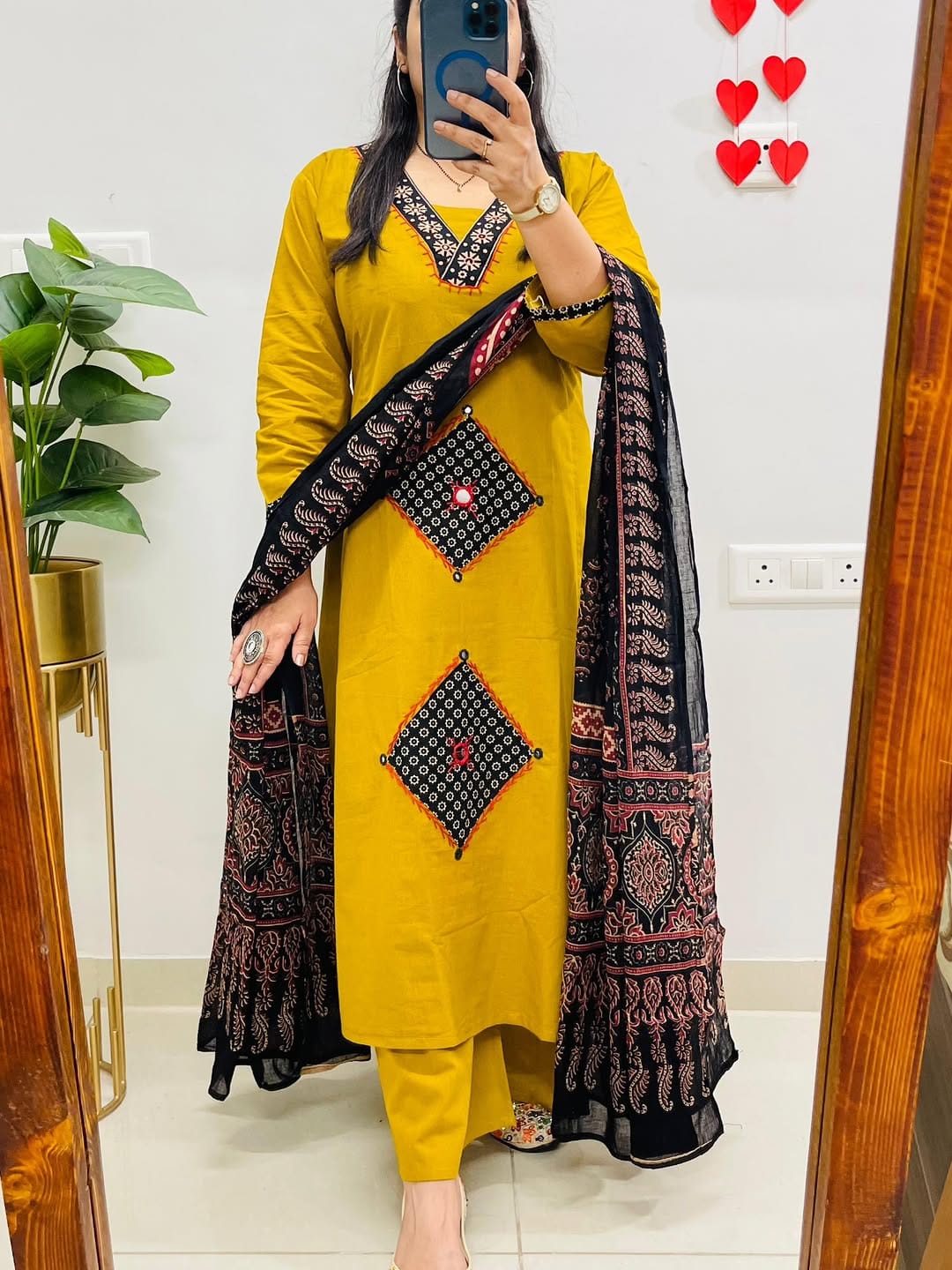 Mustard Yellow Patchwork Kurta Set with Ajrak Black Dupatta