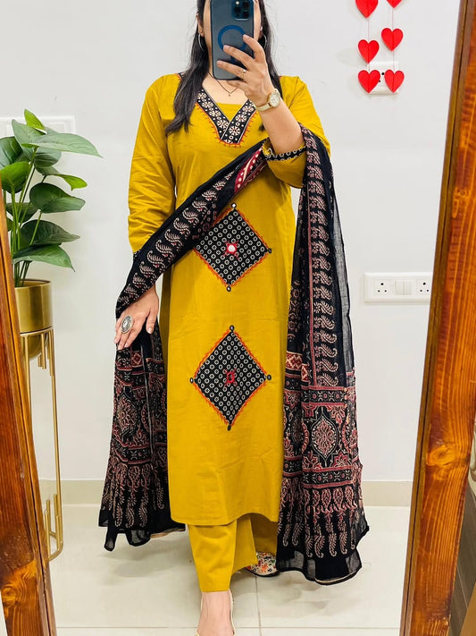 Mustard Yellow Patchwork Kurta Set with Ajrak Black Dupatta