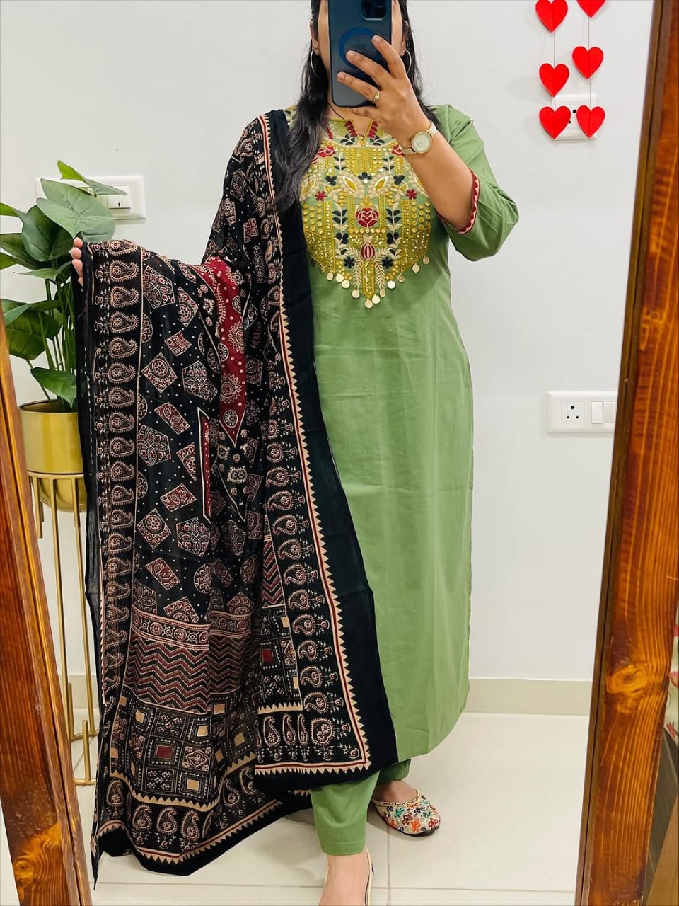 Elegant Green Embroidered Kurta Set with Premium Ajrakh Dupatta