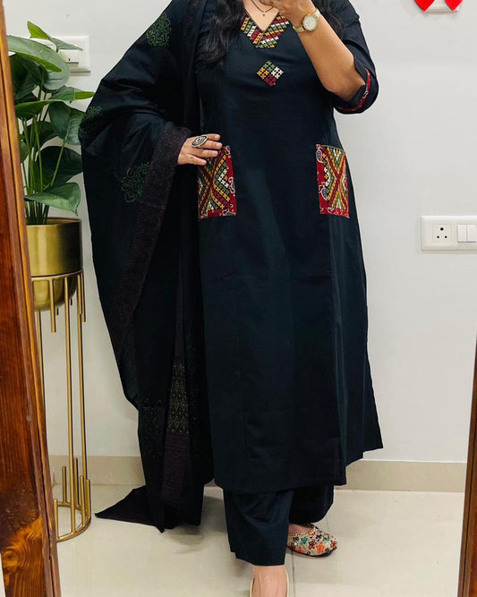 Classic Black Ethnic Kurta Set with Printed Dupatta