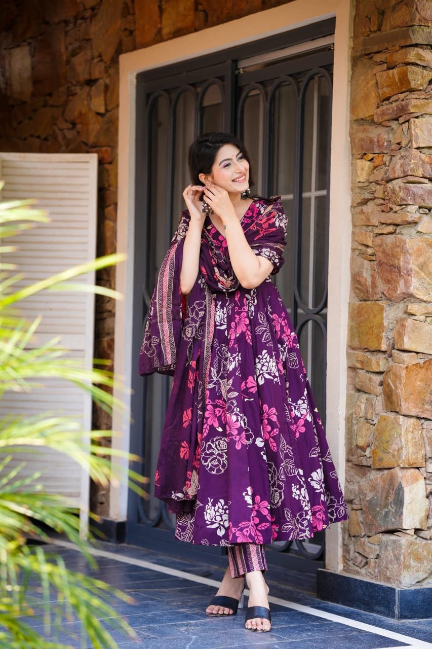 Elegant Purple Floral Anarkali Set with Printed Dupatta