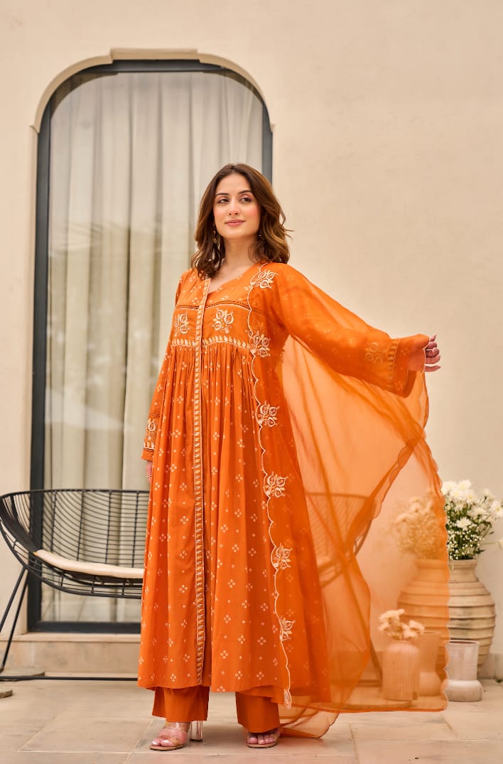 Radiant Rust Orange Embroidered Suit Set