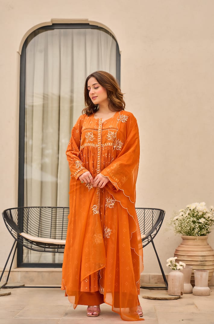 Radiant Rust Orange Embroidered Suit Set