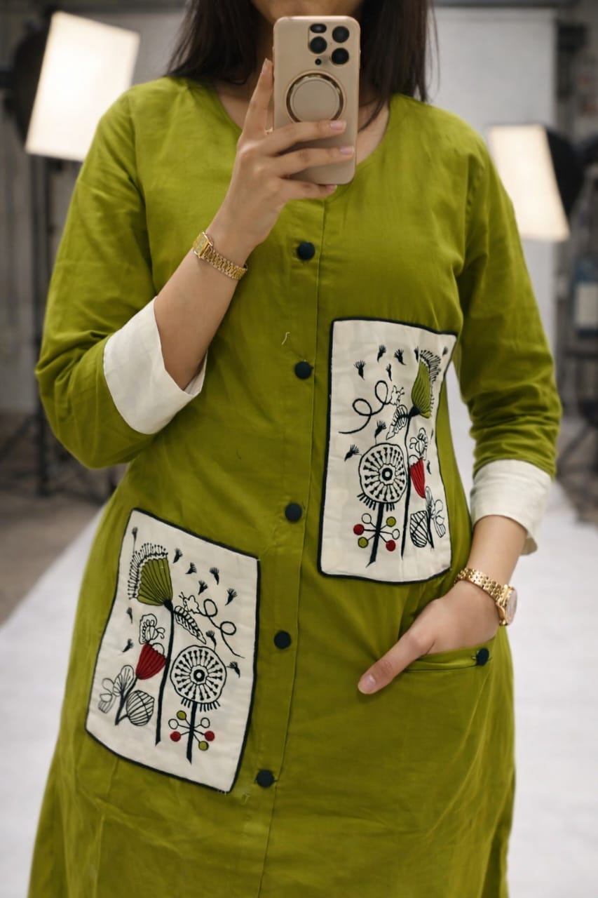 Olive Green Printed Panel Kurta Set