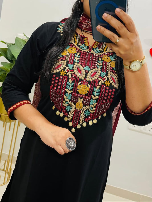 Black Multicolor Embroidered Kurti Set with Ajrakh Print Dupatta