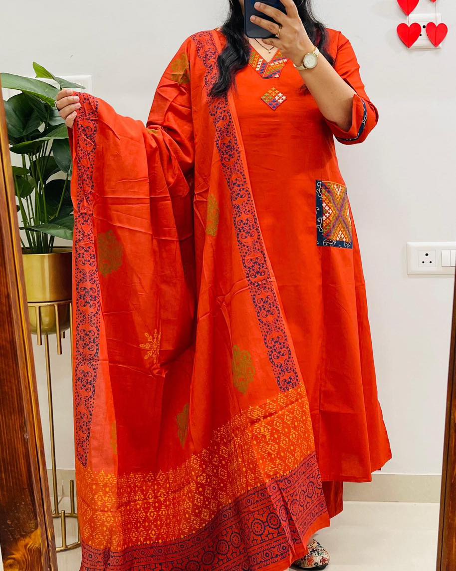 Rust Orange Ethnic Kurta Set with Printed Dupatta
