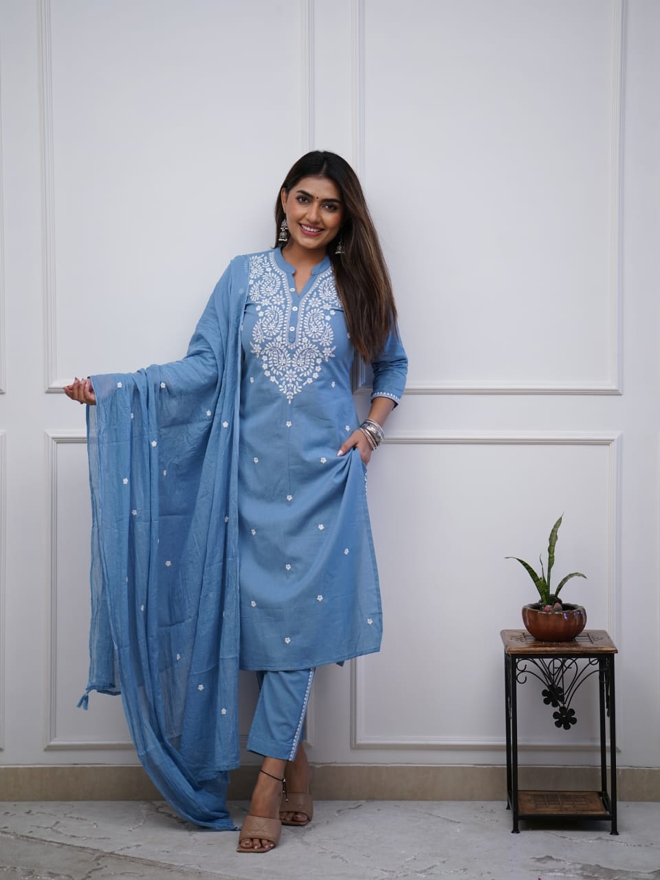 Sky Blue Grace – Premium Hand-Embroidered Kurti Set