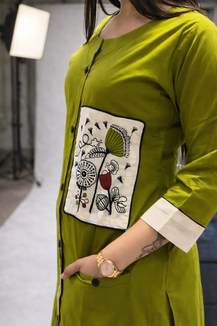 Olive Green Printed Panel Kurta Set