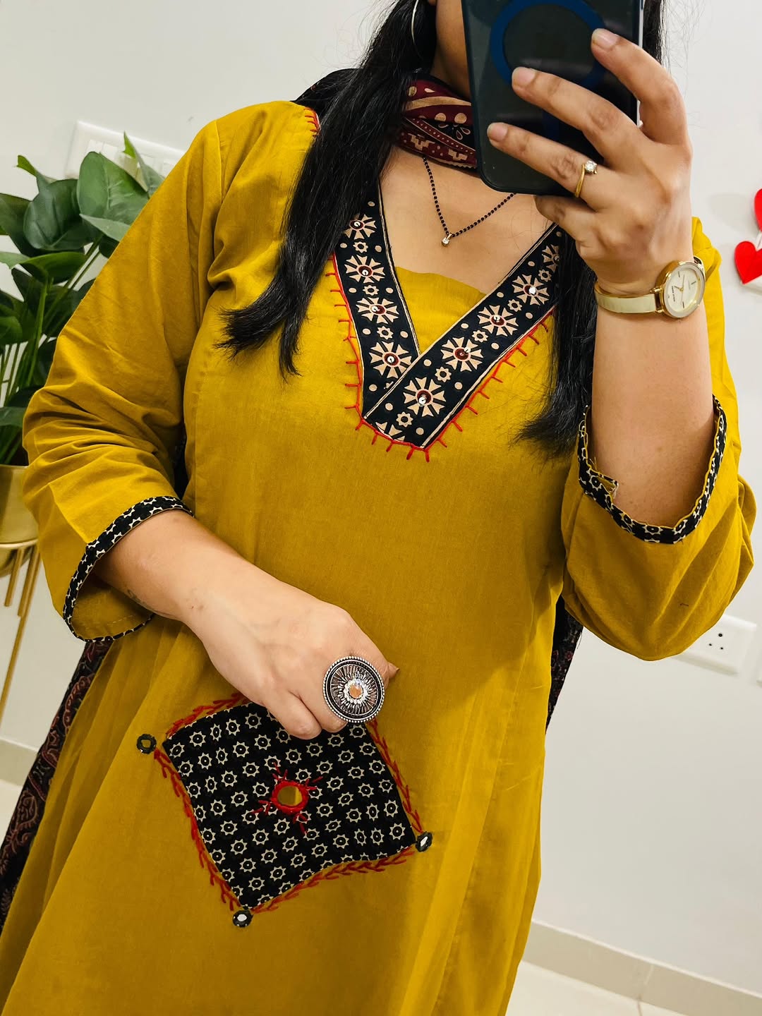 Mustard Yellow Patchwork Kurta Set with Ajrak Black Dupatta