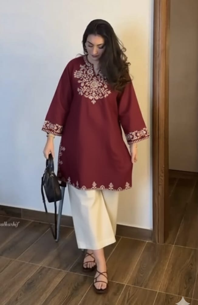 Maroon Embroidered Kurta with Ivory Wide-Leg Pants