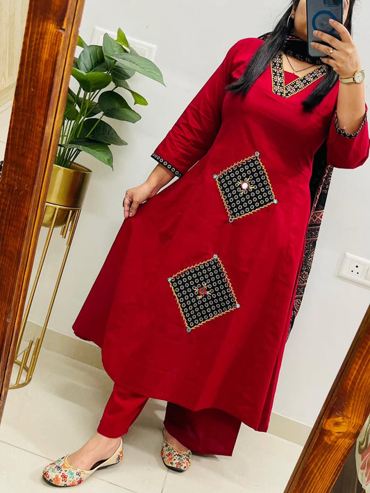 Red Kurta Set with Black Ajrakh Dupatta & Geometric Embroidery