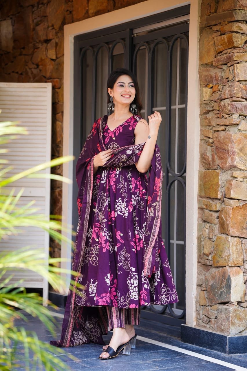 Elegant Purple Floral Anarkali Set with Printed Dupatta