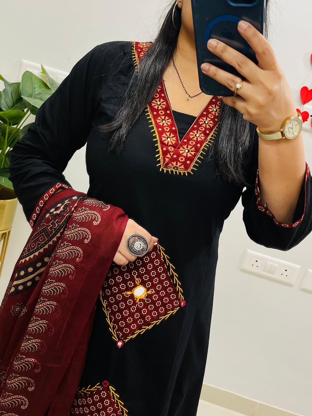 Black Embroidered Kurti Set with Maroon Ajrakh Dupatta