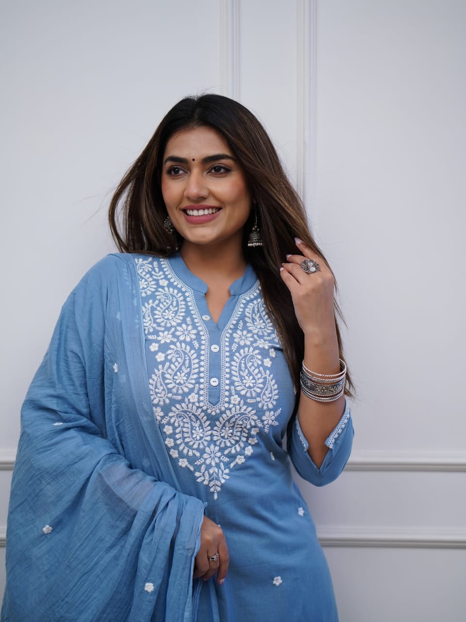 Sky Blue Grace – Premium Hand-Embroidered Kurti Set