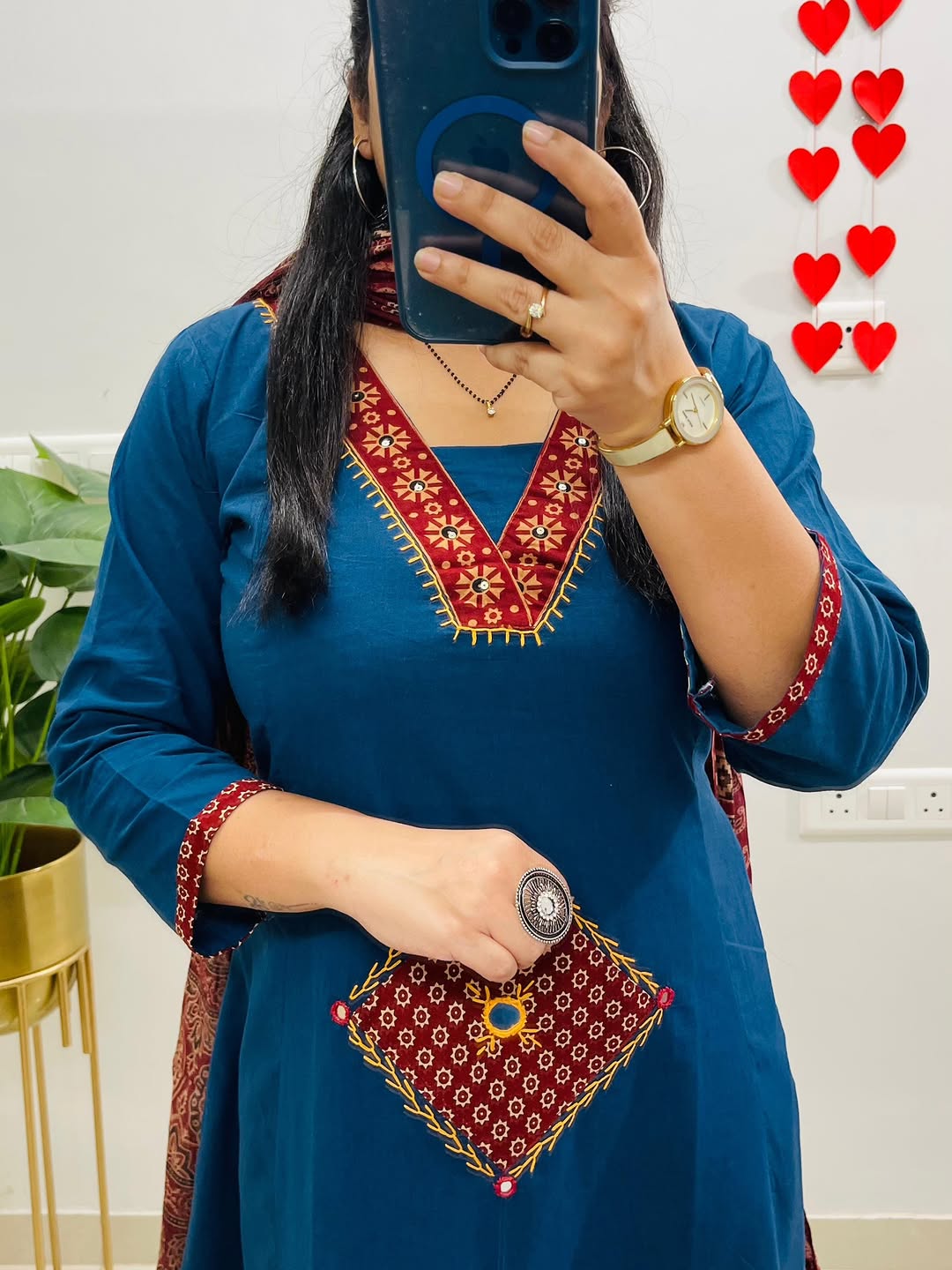 Teal Blue Embroidered Kurti Set with Contrast Maroon Ajrakh Dupatta