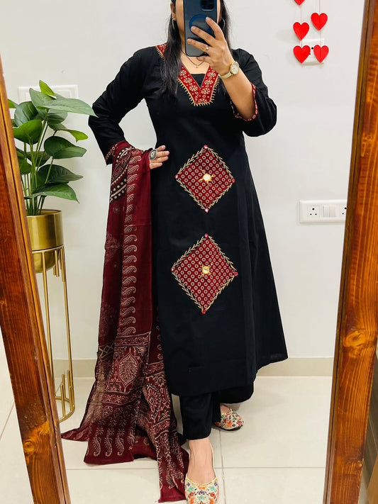 Black Embroidered Kurti Set with Maroon Ajrakh Dupatta