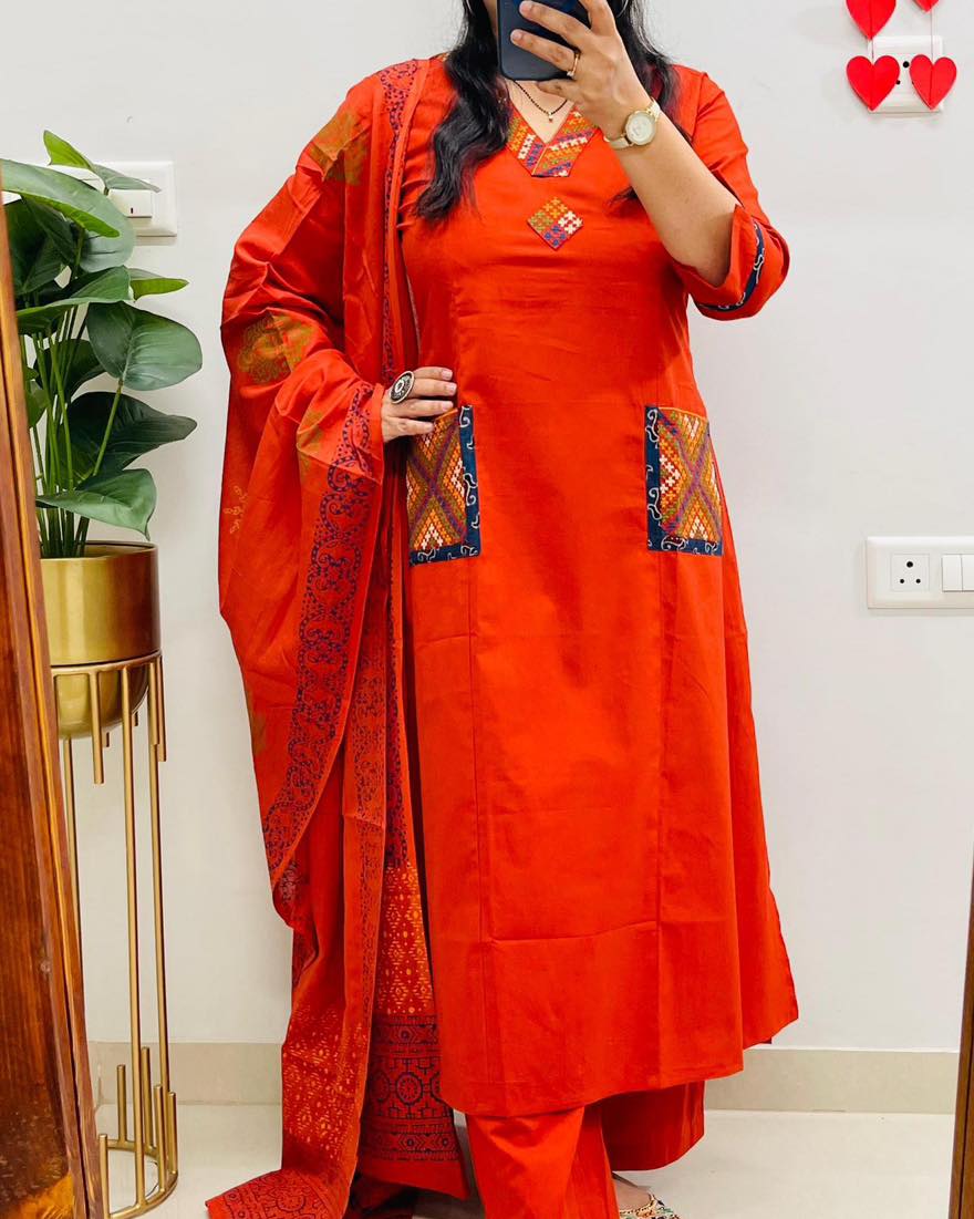 Rust Orange Ethnic Kurta Set with Printed Dupatta