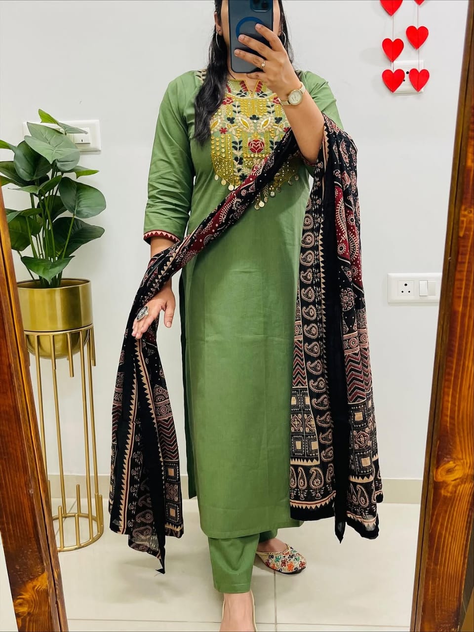 Elegant Green Embroidered Kurta Set with Premium Ajrakh Dupatta