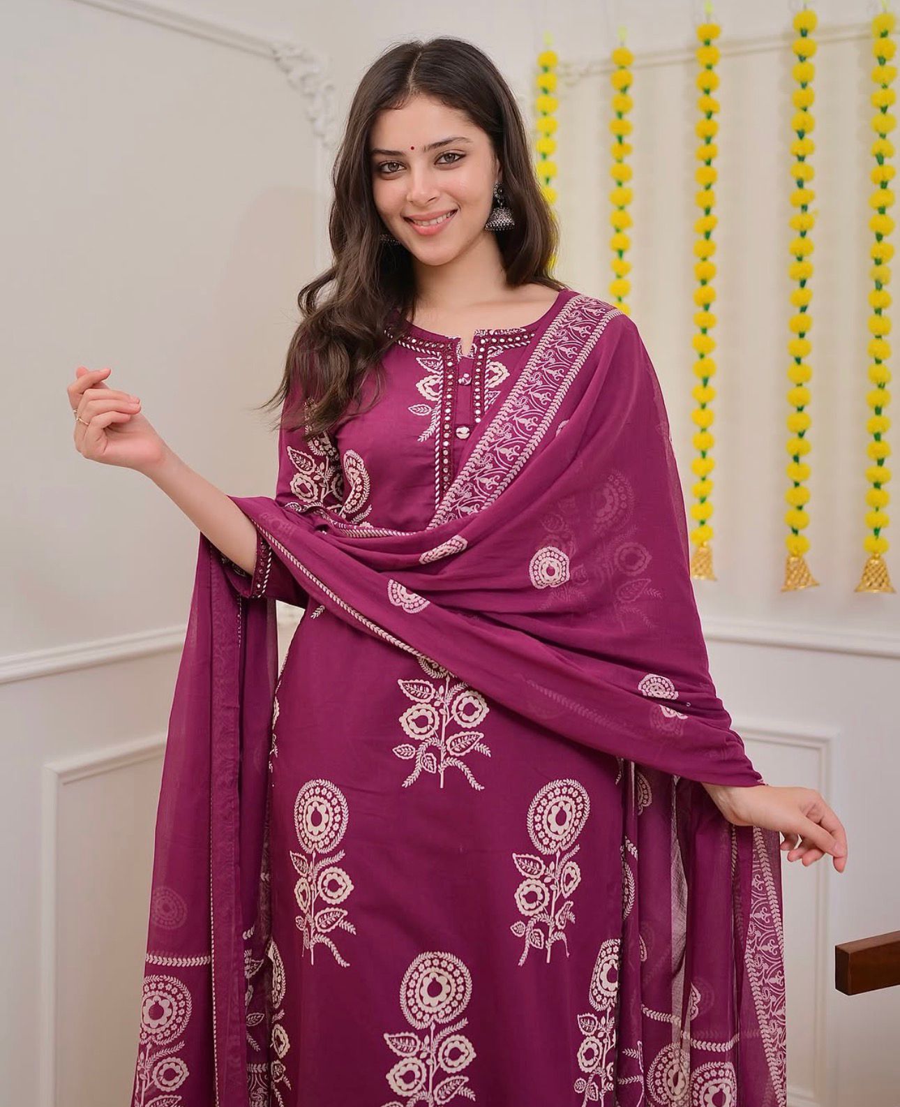 Elegant Plum Purple Printed Cotton Kurta Set with Dupatta