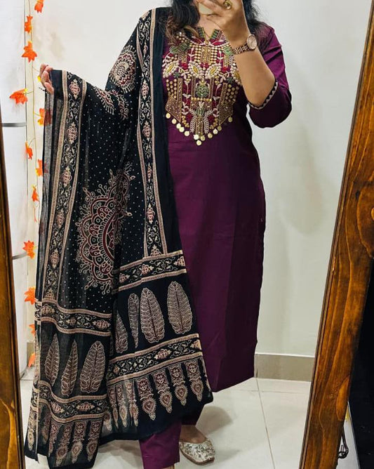 Royal Plum Mirror-Work Kurti Set with Designer Dupatta