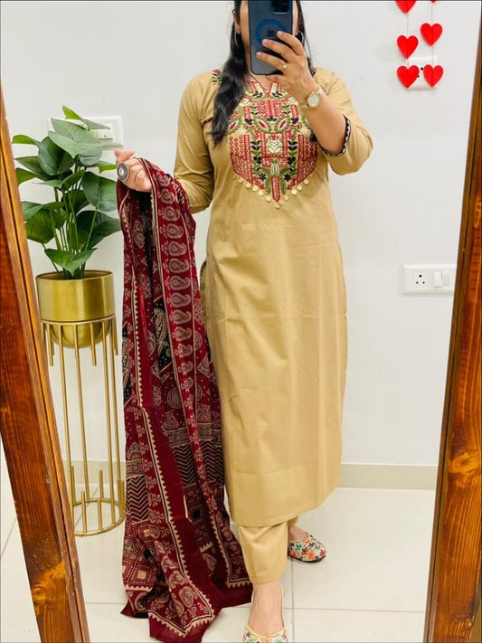 Premium Beige Kurta Set with Handcrafted Neck Embroidery & Maroon Ajrakh Dupatta