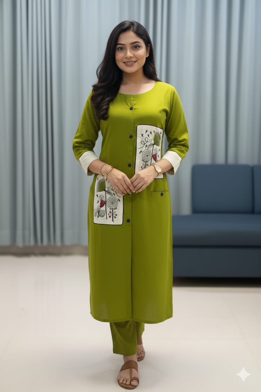Olive Green Printed Panel Kurta Set