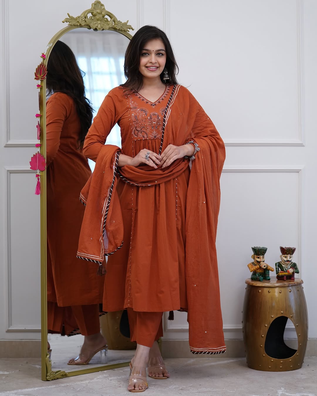 Rust Orange Embroidered Anarkali Suit with Matching Dupatta