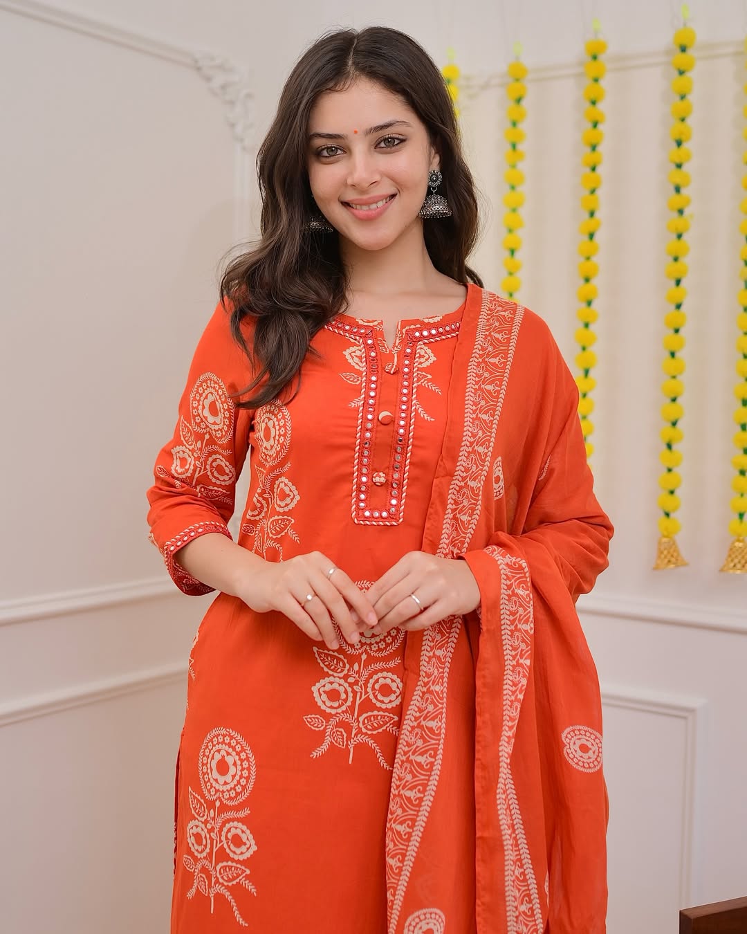 Elegant Orange Printed Cotton Suit Set